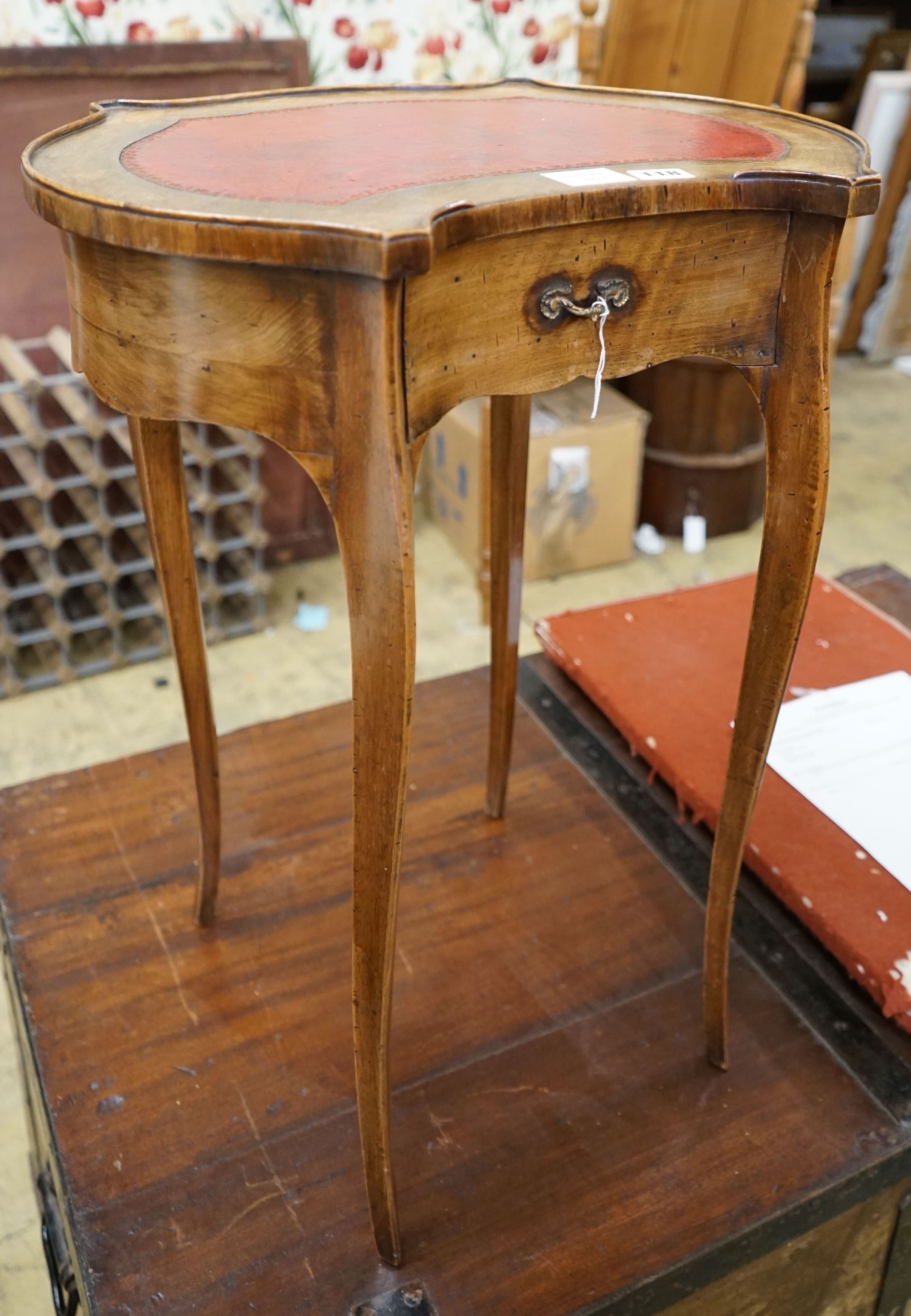 A French burr walnut veneered kidney shaped occasional table, width 49cm, depth 37cm, height 65cm